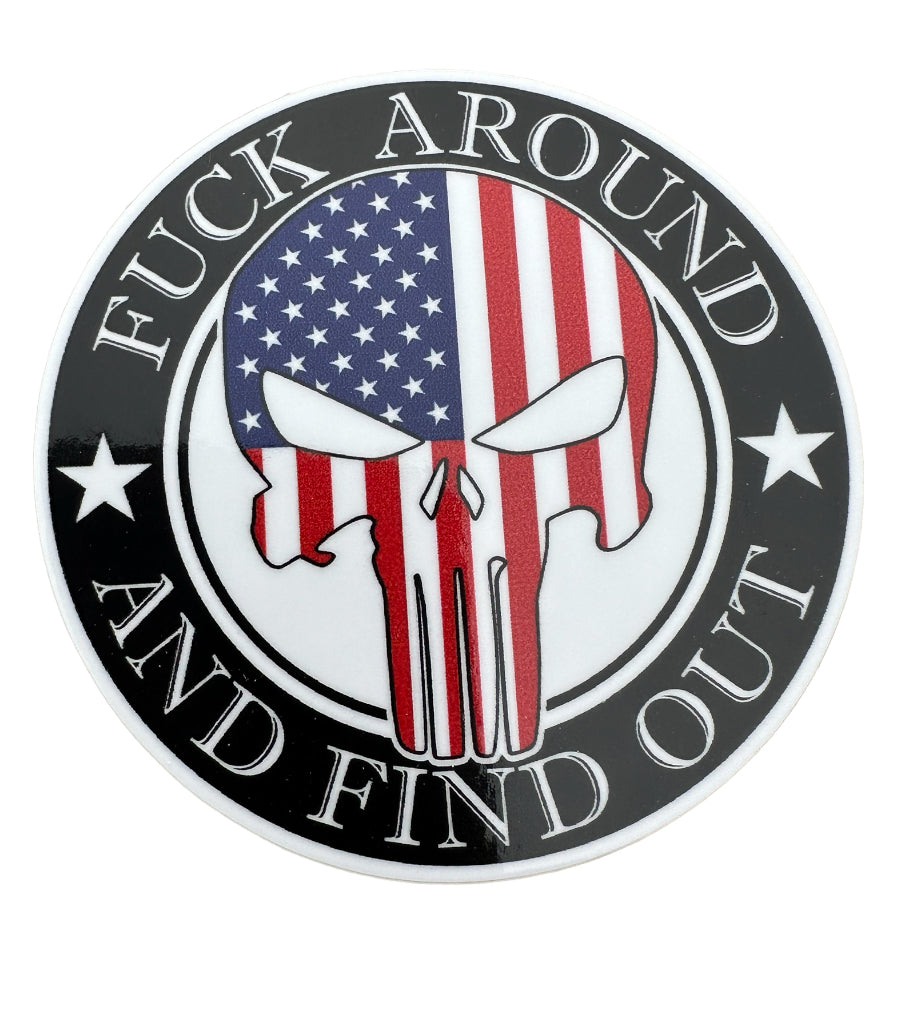 Fuck Around and Find Out Round Skull USA Decal